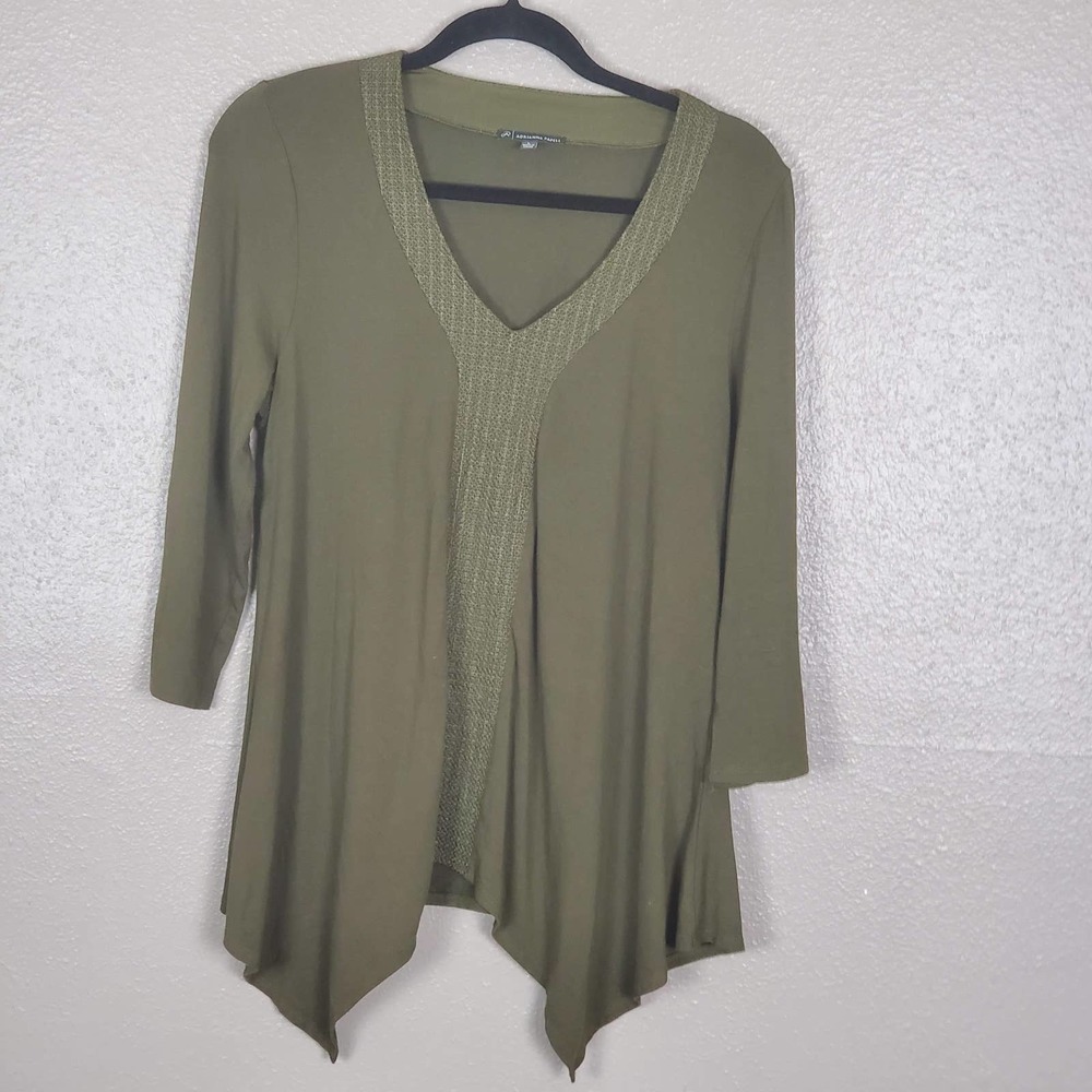 Adrianna Papell Army Green 3/4 Sleeve Shark Bite V-Neck Embroidered Tunic L - Picture 1 of 7